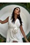Women's White Imported Viscose Fabric V-Neck Rose Detailed Design Slit Dress