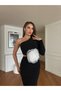Women's Black Lined Imported Crepe Fabric Rose and Waist Décolleté Detail Design Dress - 6