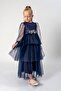 Long Sleeve Tulle Layered Skirt Beaded Evening Dress - 4