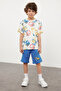 Ecru Boy's Cotton Car Patterned T-Shirt-Shorts Set Knitted Bottom-Top Set Tkdss24Au00026