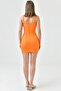 Women's orange atlas fabric drawstring detailed degaje collar low-cut design suspender mini dress 264 - 3