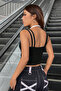 Kadın Beyaz Siyah Çift Renk Çapraz Askılı Crop Top Bluz - 2