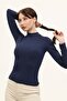 Women's Navy Blue Stand Collar Long Sleeve Bodysuit - 2
