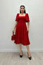 Crepe Fabric Square Collar Midiboy Evening Dress - RED