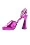 3587-23Y Women's Crystal Thick Banded Thick Heeled Sandals Pink Metallic - 3