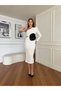 Women's White Lined Imported Crepe Fabric Dress with Rose and Low Waistline Detail - 2