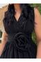 Women's Black Imported Viscose Fabric V-Neck Rose Detailed Design Slit Dress - 3