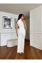 Women's White Imported Crepe Fabric Halter Neck Lined Dress with Rose Detail Design - 6