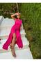 Women's Fuchsia Imported Viscose Fabric V-Neck Rose Detailed Design Slit Dress - 2