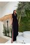 Women's Black Imported Viscose Fabric V-Neck Rose Detailed Design Slit Dress - 5