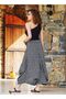 White Patterned Black Long Skirt with Laced Waist and Pockets - 3
