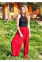 Double-breasted Red Loose Trousers with Elastic Waist Pockets - 2