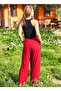 Double-breasted Red Loose Trousers with Elastic Waist Pockets - 4