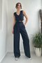 Women's Buttoned Striped Crop Short Vest Palazzo Wide Leg Trousers Double Suit - 2