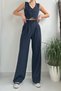 Women's Buttoned Striped Crop Short Vest Palazzo Wide Leg Trousers Double Suit - 5