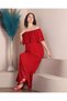 Maternity Madonna Neck Red Long Chiffon Dress with Ruffled Skirt - 3