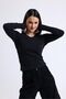 Black Striped Corded Fabric Ribbed Knit Crew Neck Long Sleeve Crop T-Shirt - 5