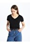 Black V-Neck Plain Short-Sleeved Women's T-Shirt (S4)