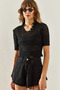 Women's Black Collared Knitwear Blouse 20246160