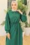 Lace Collar Tunnel Belt Dress 969 - Emerald Green - 4