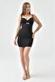 Black Atlas Mini Evening Dress - Gathered Collar and Low Cut, Strap Dress 264 - 6