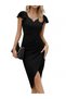 New Season Women's Short Sleeve Heart Collar Side Gather Detail Midi Imported Crepe Dress - 5