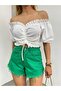 Women's Madonna Neck Off-The-Shoulder Crop Blouse with Drawstring Front - 2