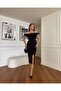 Women's Black Scuba Crepe Fabric Madonna Collar Front Rose Detail Slit Lined Design Dress - 2