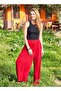 Double-breasted Red Loose Trousers with Elastic Waist Pockets
