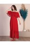 Maternity Madonna Neck Red Long Chiffon Dress with Ruffled Skirt