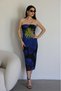 Julidress Strapless Collar Multi-Colored Blue Patterned Lined Midi Length Premium Tulle Dress - 5
