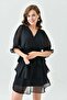 Lined Chiffon Fabric Waist Belted Double Breasted Collar Black Chiffon Dress 3447 - 8