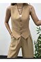 Women's V-Neck Camel Linen Vest with Lining