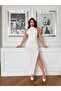 Women's White Imported Crepe Fabric Halter Neck Lined Dress with Rose Detail Design - 2