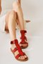 Genuine Leather Rayen Red Three-Stripe Rivet Detailed Belt Women's Sandals Opportunity Product - 2