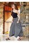 White Patterned Black Long Skirt with Laced Waist and Pockets - 4