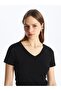 Black V-Neck Plain Short-Sleeved Women's T-Shirt (S4) - 3