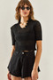 Women's Black Collared Knitwear Blouse 20246160 - 2