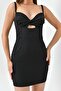 Black Atlas Mini Evening Dress - Gathered Collar and Low Cut, Strap Dress 264 - 2