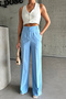 Blue Button Detailed Pleated Palazzo Trousers