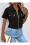 Women's Short Sleeve Jacket Collar Front Zipper Pocket Detail Short Sleeve Imported Crepe Blouse - 4