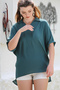 Petrol Green Shirt Collar Short Sleeve Long Woven Back Casual Blouse - 5