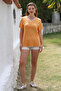 Apricot-colored v-neck short-sleeved knit casual t-shirt with knit . - 6