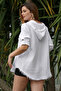 Organic Cotton White Hooded Buttoned Long Sleeve Buttoned Pocketed Woven Casual Muslin Jacket - 7