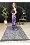 Women's Purple Flower Patterned Ruched Lycra Woven Pants Skirt - 3