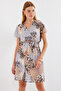 2502 Short Sleeve Print Chiffon Dress - Gray - 2