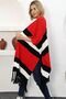 V-Neck Short Sleeve Skirt with Tassels Color Block Midi Length Knitwear Shawl Look Poncho - 4
