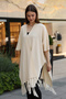 V-Neck Short Sleeve Skirt with Tassels Solid Color Side Stitching Midi Length Knitwear Shawl Look Poncho - 4