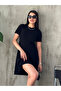 Women's Black Crew Neck Mini Corded Fabric Short Sleeve Summer Fine Knit Dress 1991