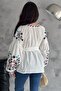Women's White Belted Embroidered Cotton Blouse - 6